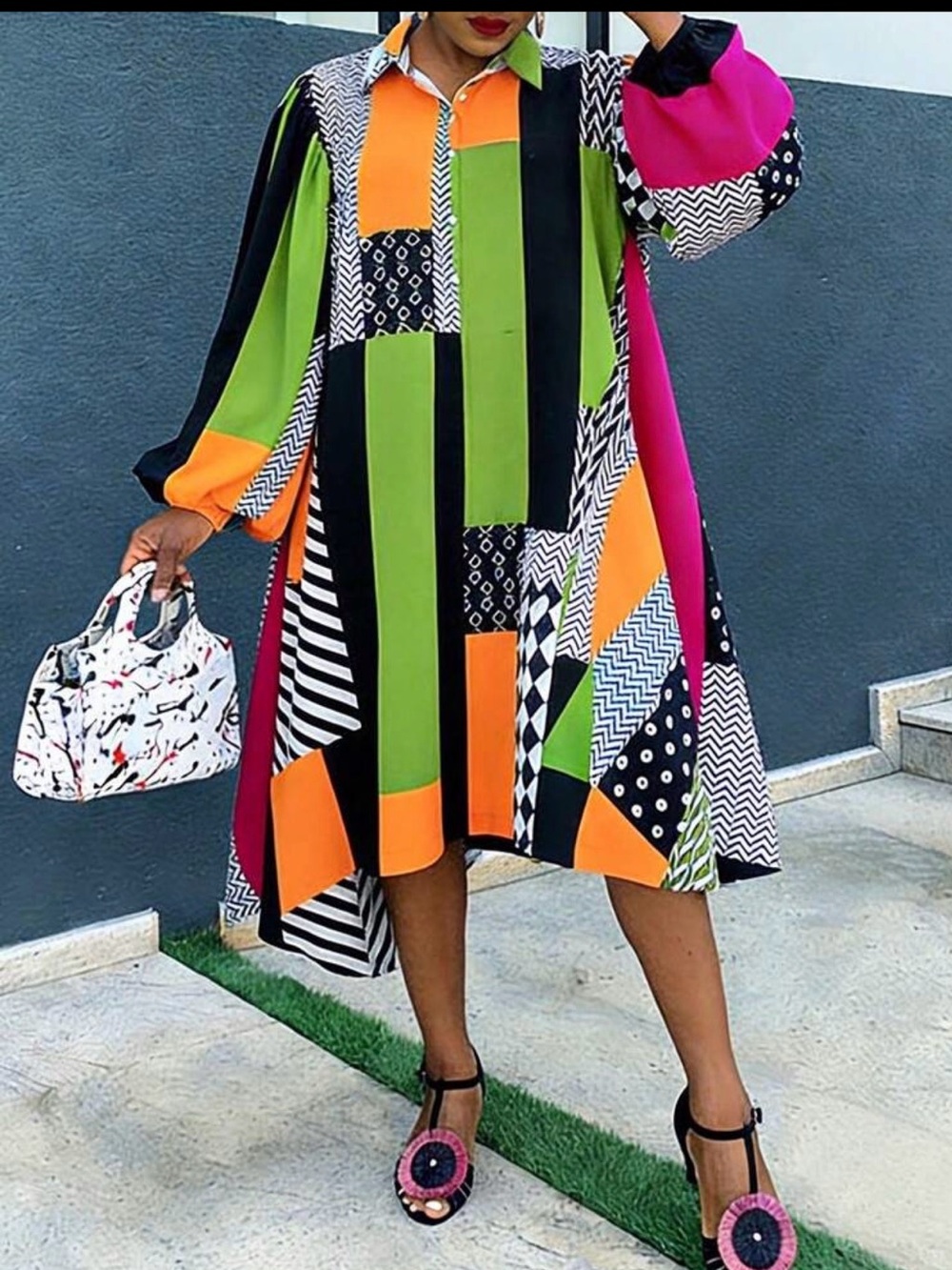 SHEIN Neon Patchwork High-Low Shirt Dress in Green, Orange & Pink